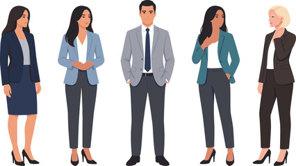 Obraz premium Corporate business team of male and female professionals standing in formal office suits vector illustration