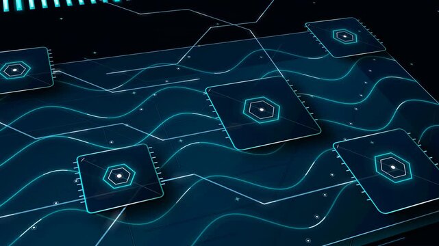 Frozen cyber isometric logic board displays futuristic electronic circuitry