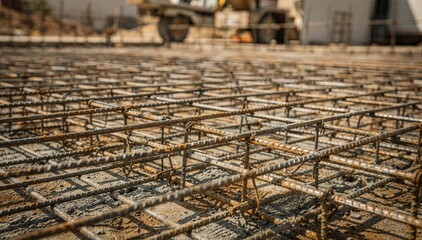 Obraz premium Medium shot of fresh rebar grid placement for sturdy curb foundation main focus on steel bars while background construction is softly blurred.
