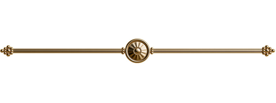 Gold curtain rod with decorative finials and round medallion