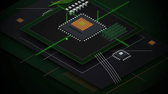 Microchip logic board engine with green circuits and orange core