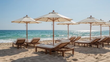 Fototapeta premium Beach Chairs and Umbrellas Lined up by the Ocean During a Sunny Day