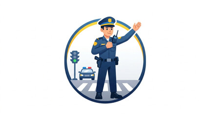 Clean Illustrated Cartoon Police Officer Directing Traffic with Walk Signal and Patrol Car in with high quality professional line art symbols for modern creative design and digital branding projects © Kopi