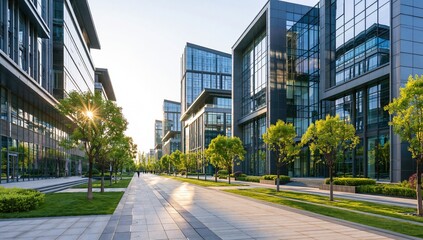 Obraz premium Modern office buildings with landscaped walkway in city downtown