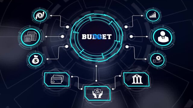 Corporate budget planning template on a glowing digital interface with neon interactive infographic elements for company finance and expense control