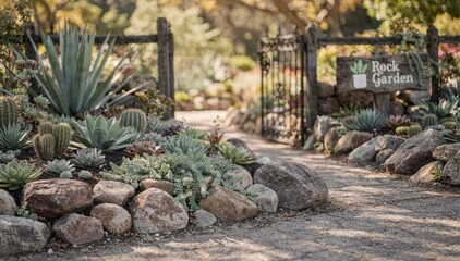 Naklejka premium Focus on a rock garden border framing an entrance gate showcasing contrasting succulents and decorative signage with softfocus surroundings for depth.