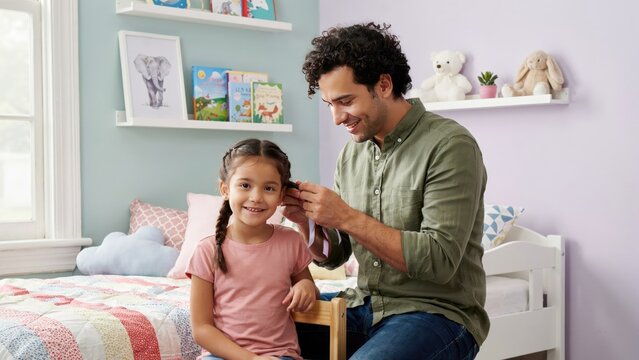 Father braiding his young daughter's hair in a pastel colored bedroom