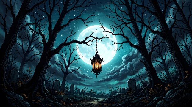 Eerie graveyard scene with illuminated hanging lantern under a full moon at night
