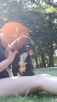 Woman and black puppy enjoying time together outside