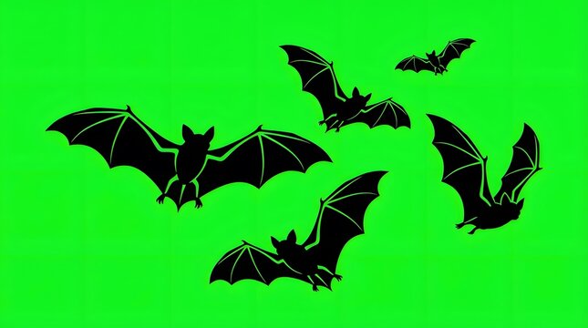 Silhouettes of flying bats against a vibrant green screen chroma key background