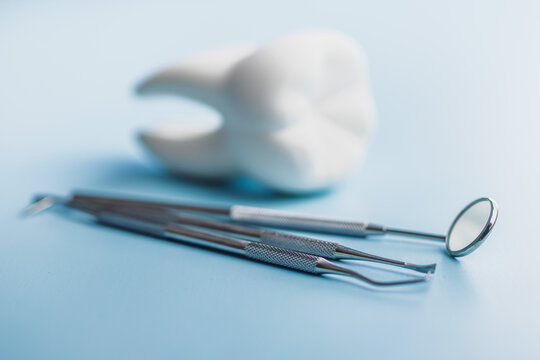 Dental Tools and Tooth Model on Blue Background for Oral Care and Dental Clinic Use
