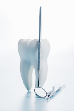 Dental Tools and Tooth Model on Blue Background for Oral Care and Dental Clinic Use