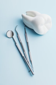 Dental Tools and Tooth Model on Blue Background for Oral Care and Dental Clinic Use