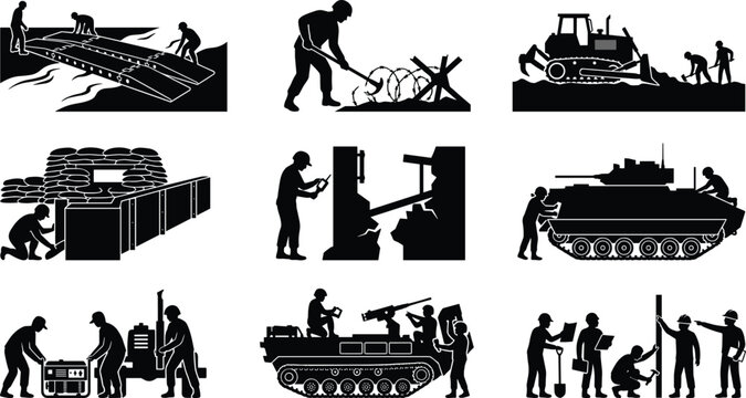 Military Engineers and Combat Engineering Vehicles Building Fortifications and Infrastructure Silhouette Vector Set