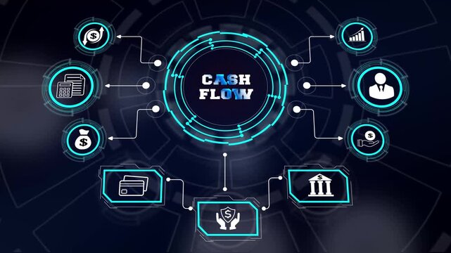Corporate cash flow management concept on a glowing digital dashboard displaying interactive network database structure for company asset optimization