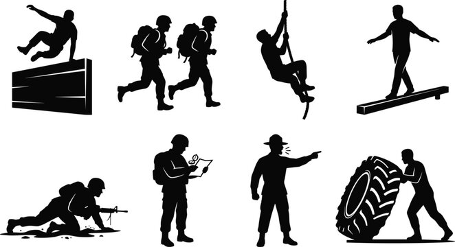Military obstacle course training silhouettes set featuring soldiers climbing ropes jumping walls and crawling on ground