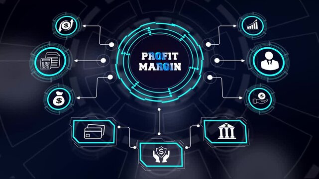 Corporate profit margin evaluation concept showing interactive digital blueprint parameters with neon network icons for enterprise commercial success