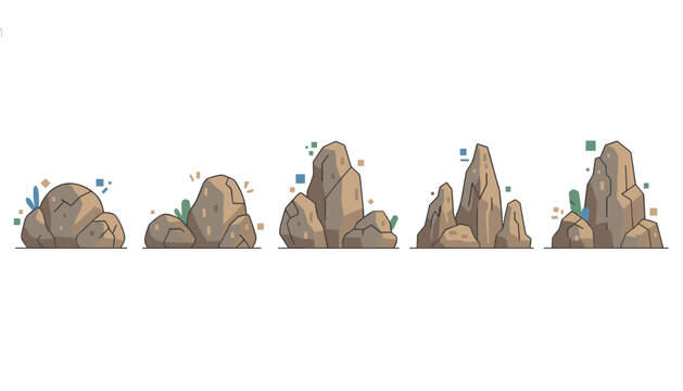 Set of modular brown rock clusters with small green vegetation accents designed for isometric adventure games.