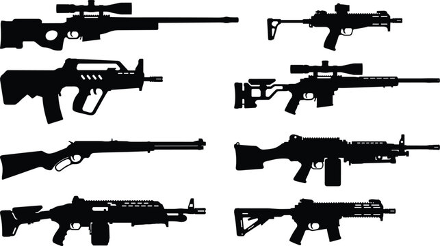 Set of military and tactical firearms silhouettes isolated on a clean white background