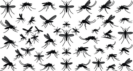 Fototapeta premium Mosquito silhouette insect vector illustration set with flying pests bugs and parasites for malaria dengue virus prevention design concepts