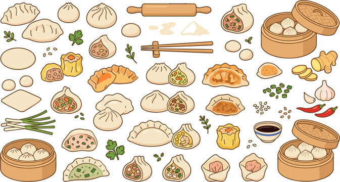 Cute dumpling and dim sum vector illustration set featuring gyoza baozi shumai wontons bamboo steamers and asian cooking ingredients