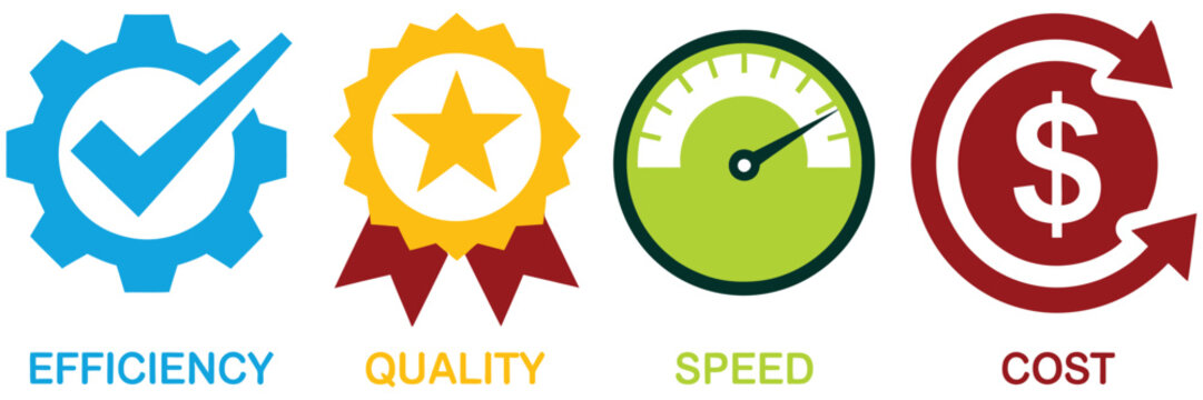 Quality Speed Efficiency Cost Management Icon Collection Representing Business Optimization Performance Improvement and Operational Excellence Concepts