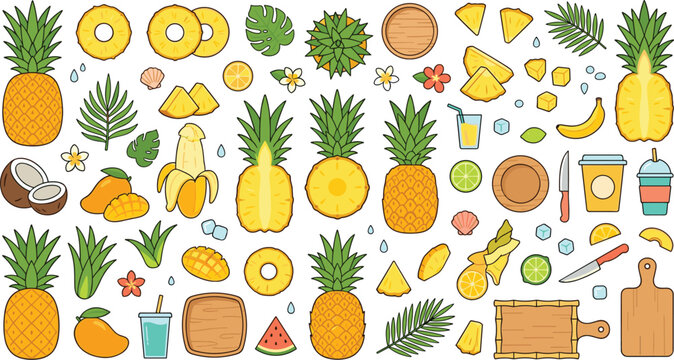 Tropical pineapple fruit vector illustration set with whole slices halves cubes mango coconut banana juice and cutting boards elements