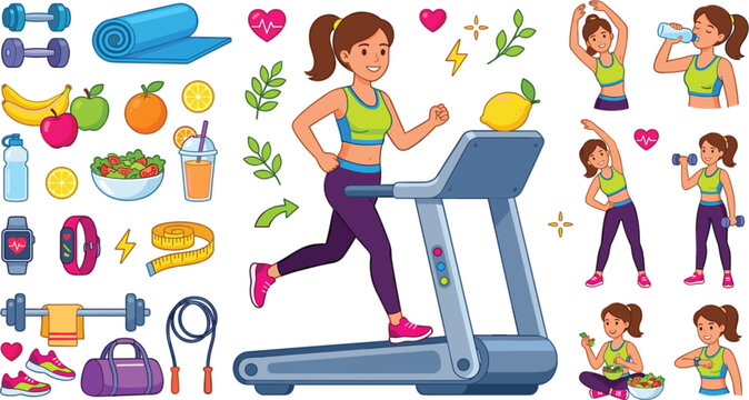 Healthy woman fitness lifestyle vector illustration set with treadmill running dumbbell workouts yoga mat gym equipment and nutritious food