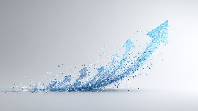 Upward Momentum: A series of translucent blue arrows ascend diagonally, breaking apart into crystalline fragments, symbolizing progress, growth, and innovation.