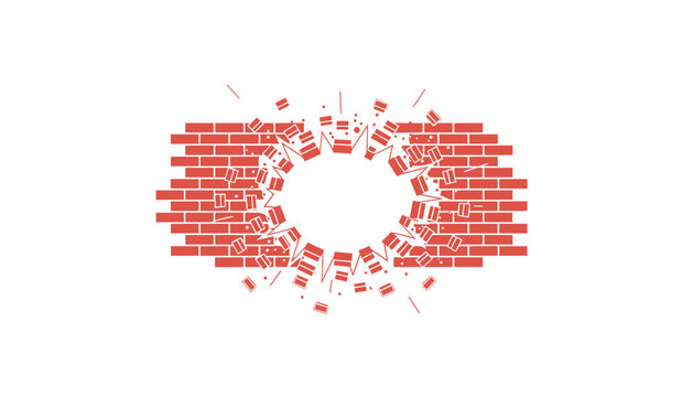 Red brick wall exploding outward creating a circular central void with fragmented masonry debris scattered against a white background.
