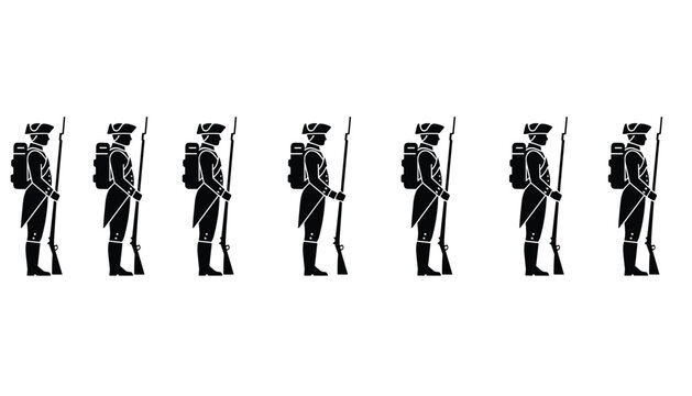 Row of silhouettes showing historical soldiers standing in formation with rifles and backpacks on a solid light background.