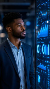 Businessman looking at a digital analytics dashboard with blue financial charts and graphs, showing business intelligence, reporting, and performance review