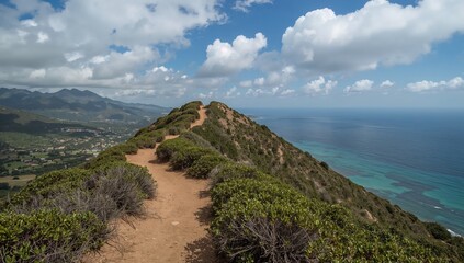 Naklejka premium Hiking Path Leads to Ocean View With Clouds in the Sky in a Coastal Area