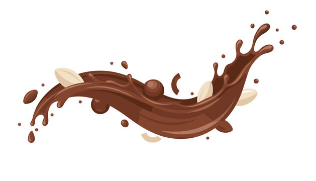 Chocolate splash combined with almond nuts and droplets in a dynamic food advertisement illustration.