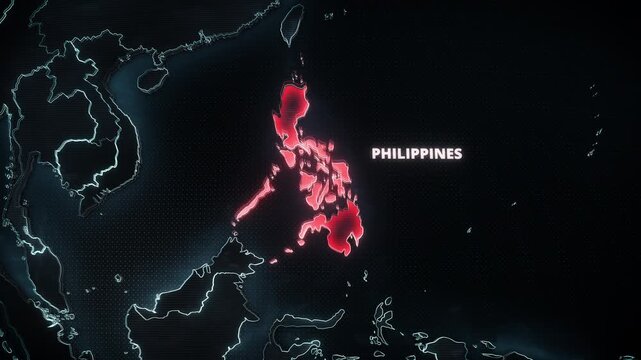 Futuristic 3D map of Asia with the Philippines highlighted in glowing red with bold text, ideal for a broadcast news graphic or geopolitical horizontal presentation backdrop.
