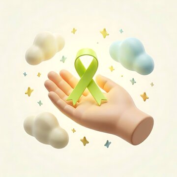 3D isometric illustration of a hand holding a glowing green ribbon for mental health awareness posts and web design headers