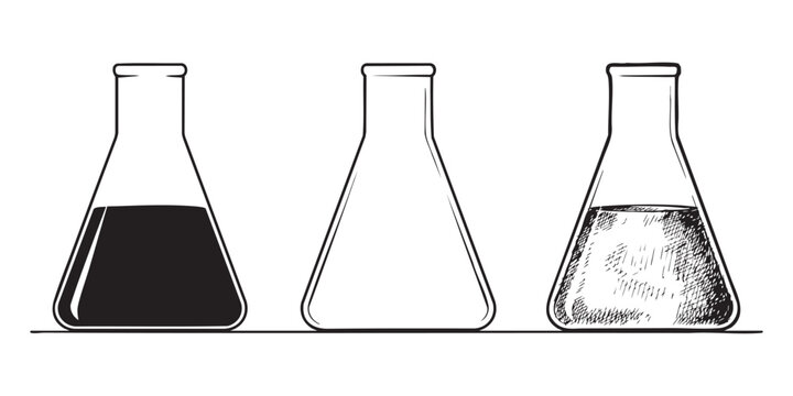 Trio of Erlenmeyer flasks with different filling styles for chemical education and lab research work.