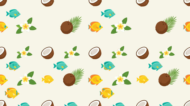 Vibrant tropical fish and coconut illustrations creating a lively aquatic vacation pattern for design projects