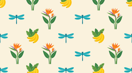 Fototapeta premium Vibrant nature-inspired seamless pattern featuring tropical flowers bananas and dragonflies against soft background perfect for
