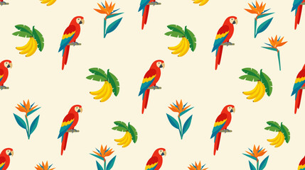 Obraz premium Vibrant tropical birds and exotic foliage create a lively and colorful pattern perfect for summer-themed designs and