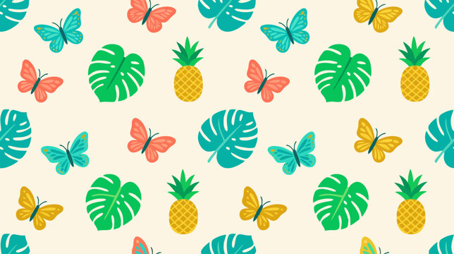 Vibrant tropical pattern featuring colorful butterflies and lush pineapple illustrations in a lively seamless design