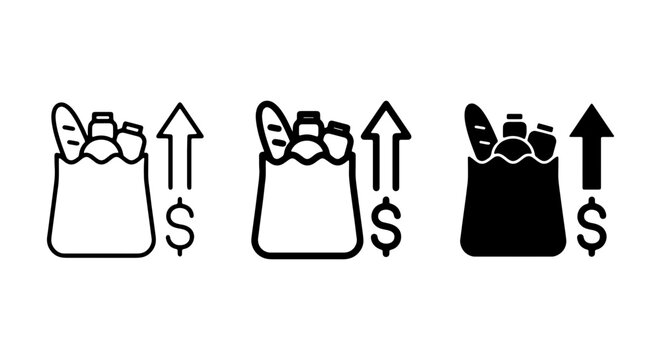 Grocery Bag Icon Set, Rising Cost, Inflation, Shopping Bag, Price Increase, Vector Art