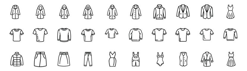 Clothing apparel and fashion line icons set with winter puffer jacket, casual summer dress, formal suit blazer, t-shirt, pants & more vector illustration with editable stroke. © Purnorup Dream IT 