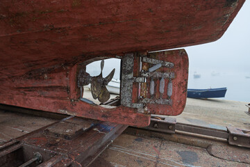 Ship hull, propeller, and rudder at shipyard during maintenance © Azulblue