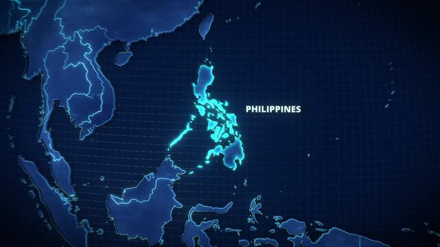 Digital 3D map of Southeast Asia highlighting the Philippines with glowing cyan borders and white typography, ideal for widescreen broadcast news openers, corporate presentations, and global logistics