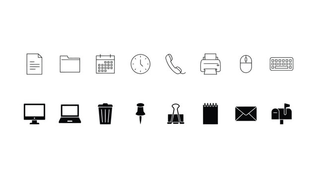 Black and white office supplies and technology icons on transparent background
