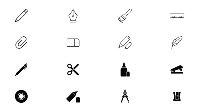 Collection of various office and art supplies icons on transparent background
