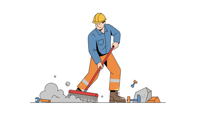 Construction worker wearing a hard hat sweeping dust and debris at a worksite.