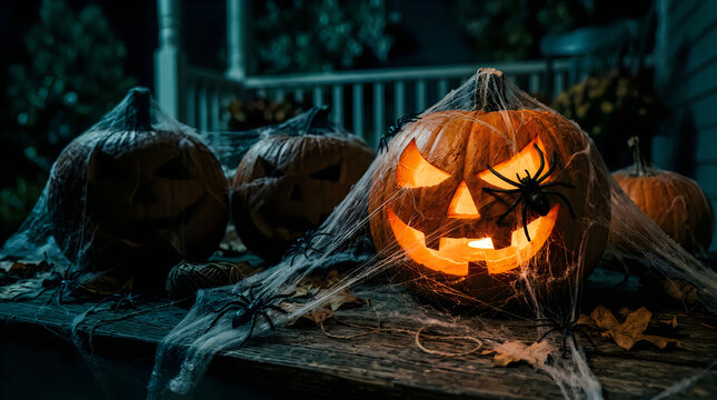 Illuminated jack o' lanterns with spiderwebs on wooden surface at dusk