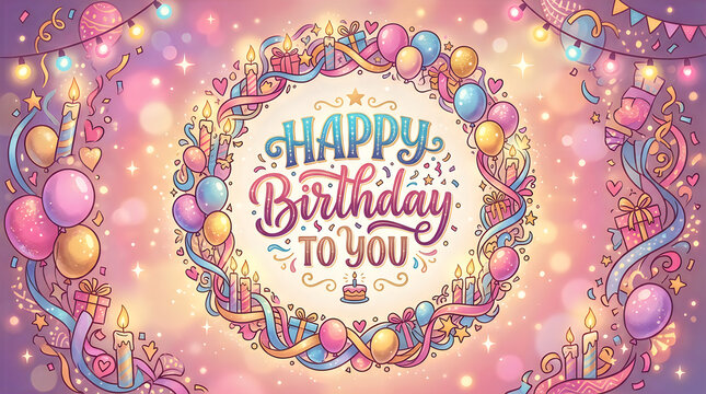 Festive birthday banner with balloons gifts and sparkling lettering